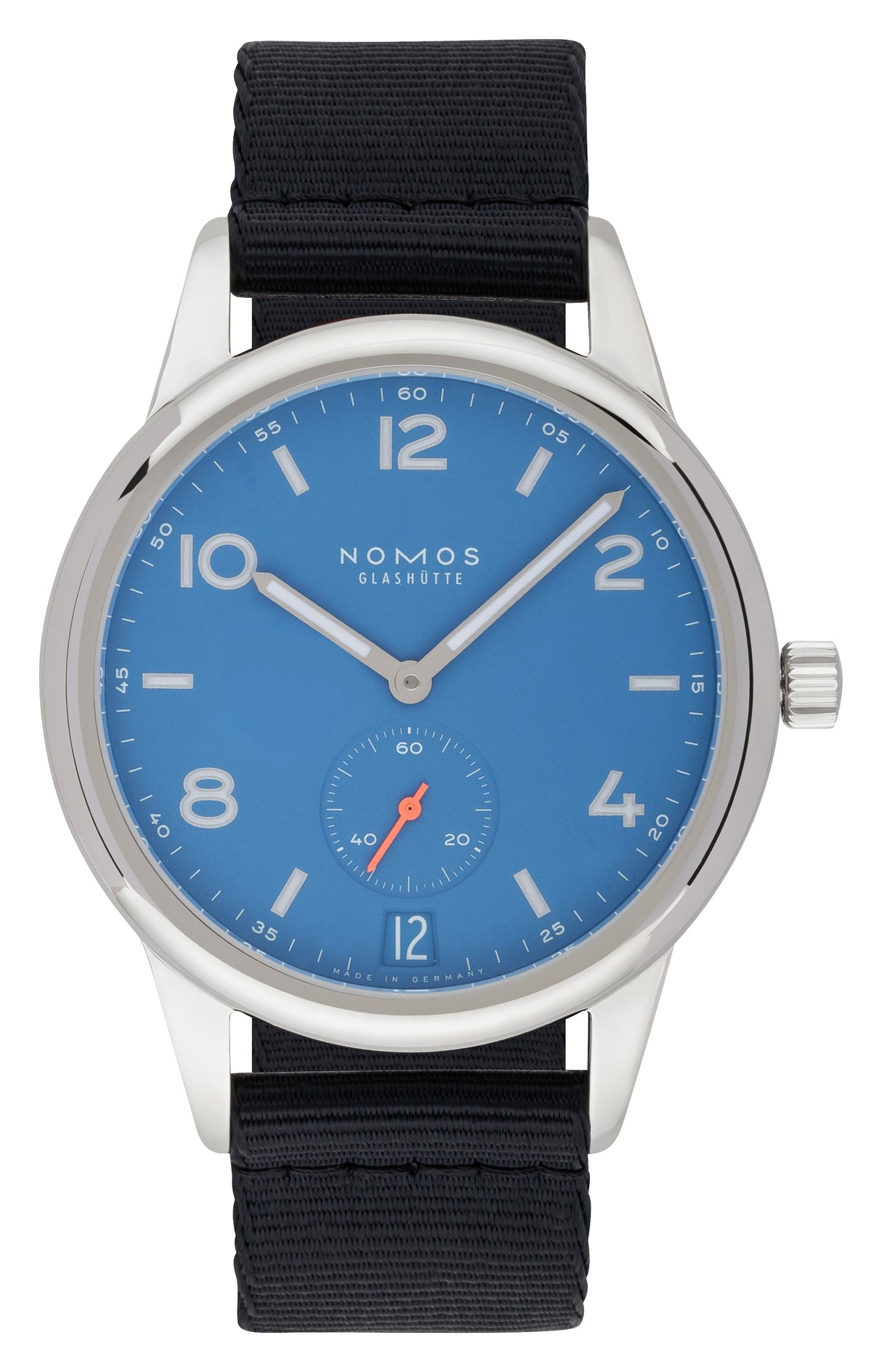 NOMOS Glashütte Club Automat Datum signalblau