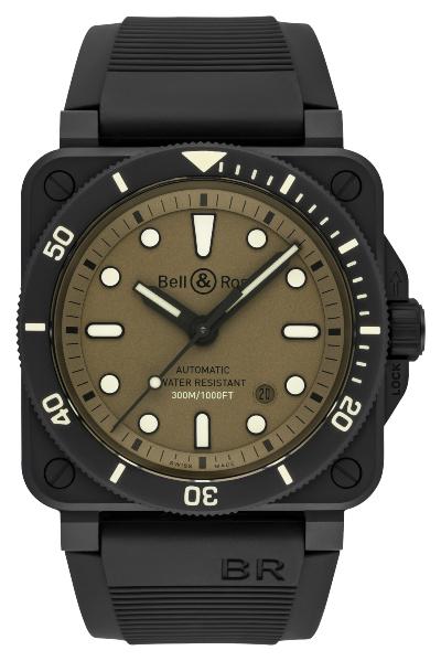 Bell & Ross BR 03-92 DIVER MILITARY in der Version BR0392-D-KA-CE/SRB aus Keramik mit schwarzem Kautschuk mit Flechtmusterarmband