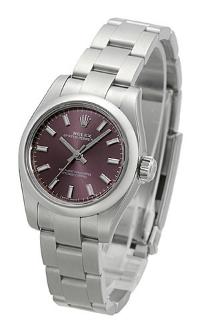 Rolex Oyster Perpetual 26 mit dunkelrotem Zifferblatt fuer Damen