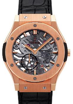 Hublot Classic Fusion 42mm Classico Ultra-Thin Skeleton Herrenuhr Kautschuk Krokodilleder transparent 18kt Rosegold