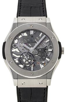 Hublot Classic Fusion 42mm Classico Ultra-Thin Skeleton Herrenuhr Kautschuk Krokodilleder transparent Titan