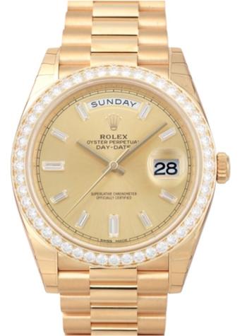 Rolex Oyster Perpetual Day-Date 40 Chronometer Gelbgold Saphirglas Praesident-Band Crownclasp-Schließe Brillantbesatz