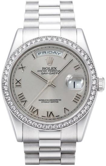 Rolex Oyster Perpetual Day-Date, Chronometer, Platin, Luenette mit 52 Diamanten, Saphirglas bombiert, Praesident-Band, Crownclasp-Schliesse, Brillantbesatz