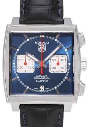 Tag Heuer Monaco Automatik Chronograph Automatikuhr mit blauem Ziffernblatt, Stahlgehaeuse und Krokoband, Faltschliesse, Durchmesser 39,00 x 39,00 mm, wasserdicht bis 100 m, Saphirglas