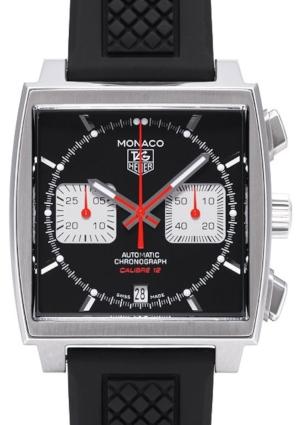 Tag Heuer Monaco Automatik Chronograph Automatikuhr mit schwarzem Ziffernblatt, Stahlgehaeuse und Kautschukband, Faltschliesse, Durchmesser 39,00 x 39,00 mm, wasserdicht bis 100 m, Saphirglas