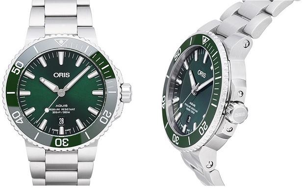 Oris Aquis Date in der Version 01 733 7730 4157-07 8 24 05PEB aus Edelstahl mit Keramik-Lünette - grüne Uhr