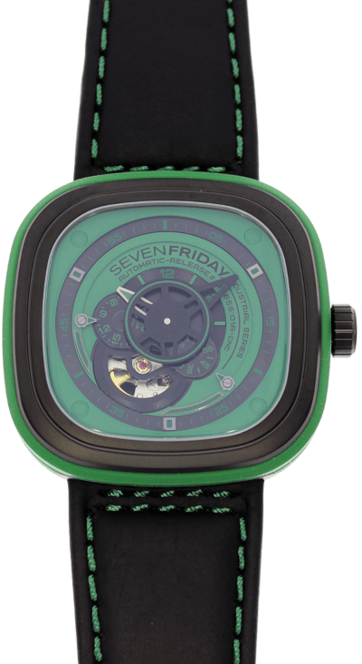 Sevenfriday P1 Industrial Essence Green in der Version P1/05 aus Edelstahl mit PVD-Beschichtung 