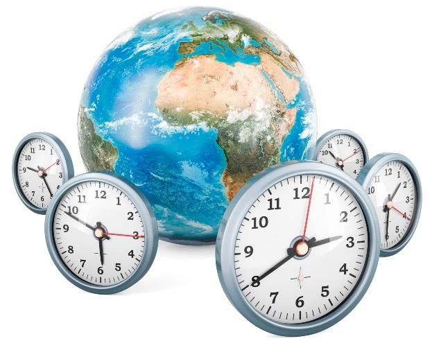 Gerade in unserer globalisierten Welt ist es wichtig, dass Einigkeit über die Begriffe herrscht Earth globe with different clocks, symbol image for different time zones