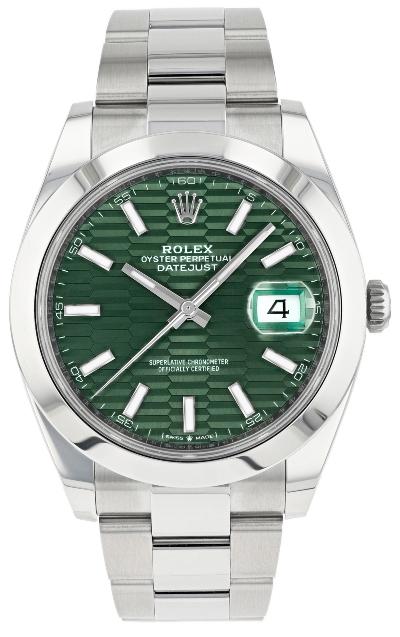 Rolex Datejust 41 Referenz 126300 mit Oysterband und grünem Zifferblatt mit Riffelmuster.